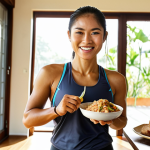 **Cardio Fueling:** A vibrant, healthy Thai female runner or cyclist, smiling confidently, standing beside a table set with energizing pre-workout food. The meal prominently features complex carbohydrates like steaming brown rice with lean fish, whole-wheat toast with avocado, and a fresh banana. Sunlight streams through a window, creating a bright and inviting atmosphere, conveying sustained energy and readiness for a long cardio session.