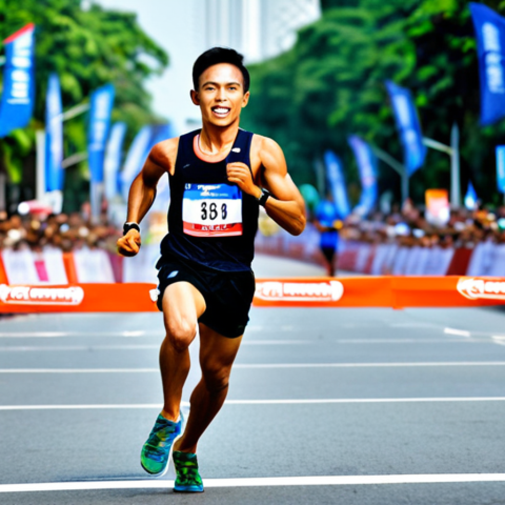 **Image Prompt:** A Thai marathon runner, *fully clothed* in athletic wear, crossing the finish line at a vibrant race in Bangkok. Focus on the runner's determined expression and the colorful crowd cheering in the background. *Safe for work*, *appropriate content*, *professional* athletic photography, *perfect anatomy*, *correct proportions*, *natural pose*. The runner should be wearing a singlet and shorts.