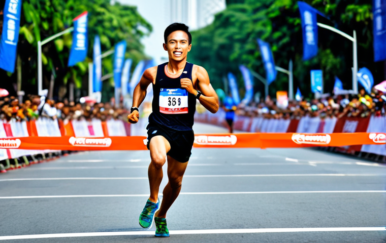**Image Prompt:** A Thai marathon runner, *fully clothed* in athletic wear, crossing the finish line at a vibrant race in Bangkok. Focus on the runner's determined expression and the colorful crowd cheering in the background. *Safe for work*, *appropriate content*, *professional* athletic photography, *perfect anatomy*, *correct proportions*, *natural pose*. The runner should be wearing a singlet and shorts.