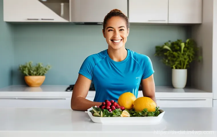 운동선수의 체중 유지 및 관리 방법 - **Prompt:** A fit female athlete, in her late 20s, with a radiant smile, is sitting at a clean, brig...