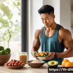 Home 21 운동선수의 체형에 따른 맞춤형 영양소 - A detailed, vibrant kitchen scene featuring a slender Thai male athlete preparing a nutritious break...