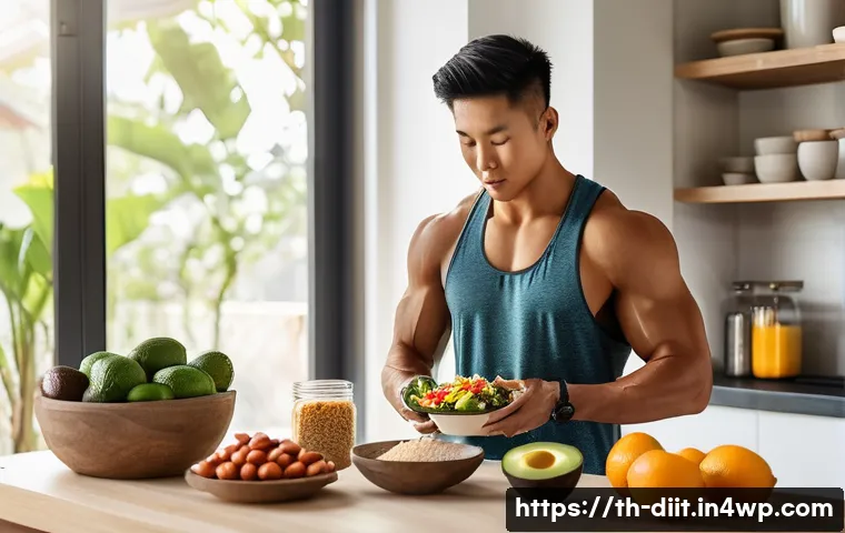 운동선수의 체형에 따른 맞춤형 영양소 - A detailed, vibrant kitchen scene featuring a slender Thai male athlete preparing a nutritious break...