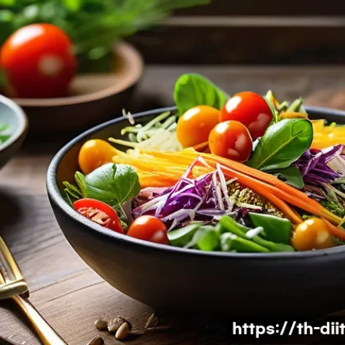 Home 32 영양소 흡수를 높이는 식사 조합 - A vibrant Thai meal scene featuring a colorful salad with fresh mixed greens, cherry tomatoes, and s...