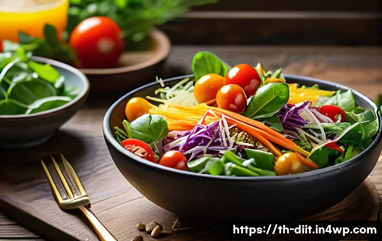 영양소 흡수를 높이는 식사 조합 - A vibrant Thai meal scene featuring a colorful salad with fresh mixed greens, cherry tomatoes, and s...