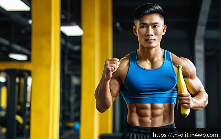 운동선수의 식단에서 특정 음식의 효과 - A vibrant, high-resolution image of a Thai athlete in sporty attire holding a ripe yellow banana wit...