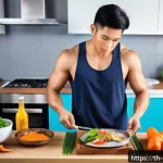 Home 18 체중 감량을 위한 운동선수의 영양 전략 - A vibrant and detailed scene of a Thai athlete preparing a balanced meal for weight loss, featuring ...