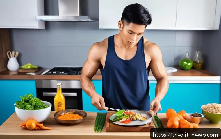 체중 감량을 위한 운동선수의 영양 전략 - A vibrant and detailed scene of a Thai athlete preparing a balanced meal for weight loss, featuring ...