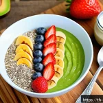Home 17 고단백 스무디 레시피 운동선수 전용 - A vibrant, high-protein smoothie bowl styled on a rustic wooden table, featuring fresh seasonal frui...