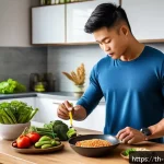 Home 22 운동선수의 식단에서 필수 영양소 확인하기 - A vibrant and detailed scene of a Thai male athlete preparing a balanced pre-workout meal in a moder...