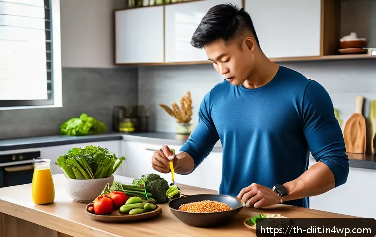 운동선수의 식단에서 필수 영양소 확인하기 - A vibrant and detailed scene of a Thai male athlete preparing a balanced pre-workout meal in a moder...
